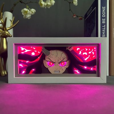 Paper Cut Shadow Box Kimetsu No Yaiba for Home Decoration Manga Table Lamp Anime Light Box Demon Slayer Nezuko Kamado Face Eyes Night Lights