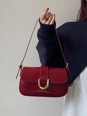 Xiuya กระเป๋าไหล่ข้างใต้หนังเคลือบวินเทจสำหรับผู้หญิง,ฤดูใบไม้ผลิเทรนด์ยอลกระเป๋าหิ้วสีแดงกระเป๋าใส่เหรียญลำลองเข้าได้กับทุกชุด