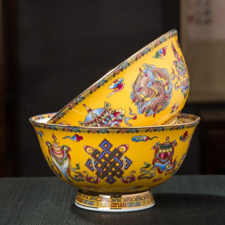 ชามพอร์ซเลนมีสีเคลือบสีทองสำหรับศาลจีนชามถ้วยเอนกประสงค์แบบโบราณ-guanpai4ของขวัญเซรามิกชามแบบฐานกว้างสูง