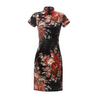 【LZ】❡☑  Sexy Cheongsam senhora chinesa preta flor estampada mini qipao vestido casual tradicional para mulheres gola mandarim oversize 6xl