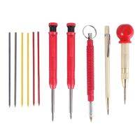 2 Solid Carpenter Pencils with 6 Refill Red Yellow Black, 2 Carbide Scriber Tools and Automatic Center Punch Tool Marker