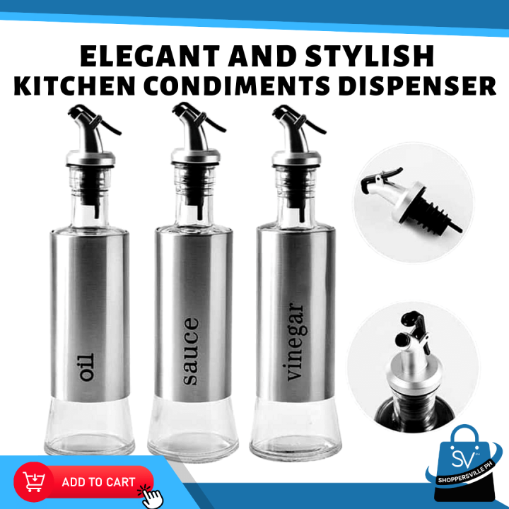 ELEGANT GLASS STAINLESS STEEL LIQUID CONDIMENTS CONTAINER OIL