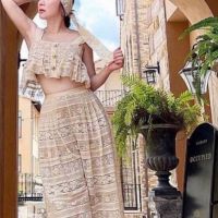 P010-147 PIMNADACLOSET - Square Neck Front Button Crop Top Woven Lace Long Wide Leg Pants With Two Side Pockets Set