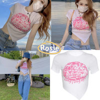 Rosie?พร้อมส่ง?เสื้อครอป เสื้อยืดแขนสั้น คอกลมแขนสั้น ผ้าโพลีเอสเตอร์ ปลายผ้าสามเหลี่ยม