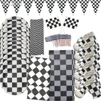 ✆ Black White F1 Racing Car disposable birthday party tableware paper plates Servies Chess baby shower decorations kids boy favors