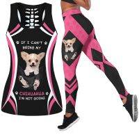 【VV】 If I Cant Chihuahua Printed Hollow Top Workout Leggings Pants Gym Set