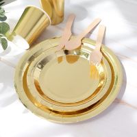 10pcs Golden Disposable Cutlery Gold Silver Rose Gold Birthday Party Arrangement Paper Plate Cupcake Dinner Plate Set Wholesale