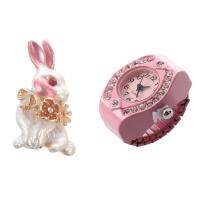 1 Pcs Women Pink Alloy Quartz Pocket Finger Ring Watch &amp; 1 Pcs Pink Rabbit Flower Wrench Enamel Brooches