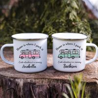 hotx【DT】 Personalised Mug Custom Touring Car with Name Enamel Camping  Campfire Mugs Cups Camper Van Best Gifts