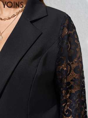 YOINS 2023 Plus Size Women Blazer  Fashion Lace Long Sleeve Patchwork Suits Elegant Lapel Collar Female Tops  Jackets Outwear