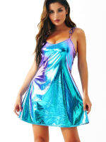 KKSummer Fit &amp; Flare Beach Sundress ผู้หญิงปรับสปาเก็ตตี้สายรัด U คอ Cami Slip Dress Shiny Metallic Skater Mini Dressq11