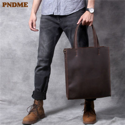 PNDME fashion vintage genuine leather mens tote bag casual simple crazy horse cowhide shoulder bag holdall large laptop handbag