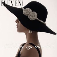 COD tjjs079 2022 bride French big black hat brim hat elegant Audrey Hepburn wind restoring a2022新娘帽子法式黑色大檐礼帽优雅复古赫本风英伦珍珠大沿帽2 23