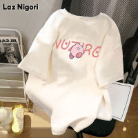 Laz Nigori 2023ฉบับภาษาเกาหลีเสื้อยืดแขนสั้นพิมพ์ลายสนุกสไตล์คนขี้เกียจทรงหลวมขนาดใหญ่คลุมท้องคอกลมผู้หญิง