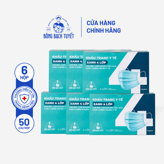 Combo 6 hộp khẩu trang bông bạch tuyết 4 lớp xanh 50 cái hộp - ảnh sản phẩm 1