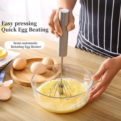 ✚☂◇ Semi-automatic Egg Beater Stainless Steel Whisk Manual Press Type Rotary Egg Beater Self Turning Egg Stirrer Kitchen Accessories