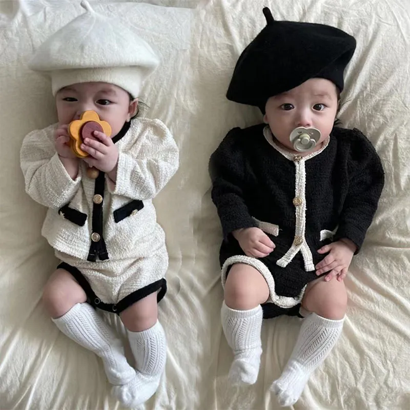 Korean Style Ins Children's Clothing Spring and Autumn Baby Warm Suit  Comfortable Chanel Coat Big Bottom Baby Bodysuit Shorts Suit