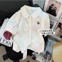 Unique sense of design and exquisite tie-up shirt womens summer new foreign style white short-sleeved top temperament short shirt 【BYUE】