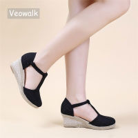 Veowalk รองเท้าส้นตึกทำด้วยมือสไตล์โบฮีเมียน,รองเท้าส้นตึกทำจากผ้าลินินรองเท้าแตะ Espadrilles ฤดูร้อนใส่สบาย