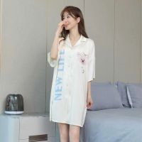 22 Fashion Printed Silk Nightdress Lapel Women Summer Thin Section Casual Simulated Loose Short-sleeved Shirt Dress top