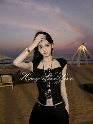 HengShanYuan เสื้อยืดแขนสั้นคอ Cewek Seksi เข้ารูปดีไซน์ผ้าบางสำหรับฤดูร้อนสำหรับผู้หญิง