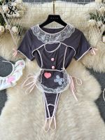 ☍♀♠ชุดชั้นในสตรี17fw4676เดี่ยวชุดบอดี้สูทเซ็กซี่ Feminino Vrilha Aberta Fino Macão Escavar Avental Vestido De Manga Curta Playsuits Eróticos