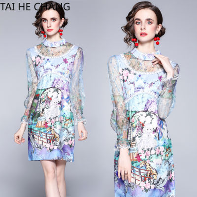TAI HE CHANG High Quality Women Dress New Fashion Retro Spring Summer Vintage Party Print Long Sleeve Midi Lace Dresses