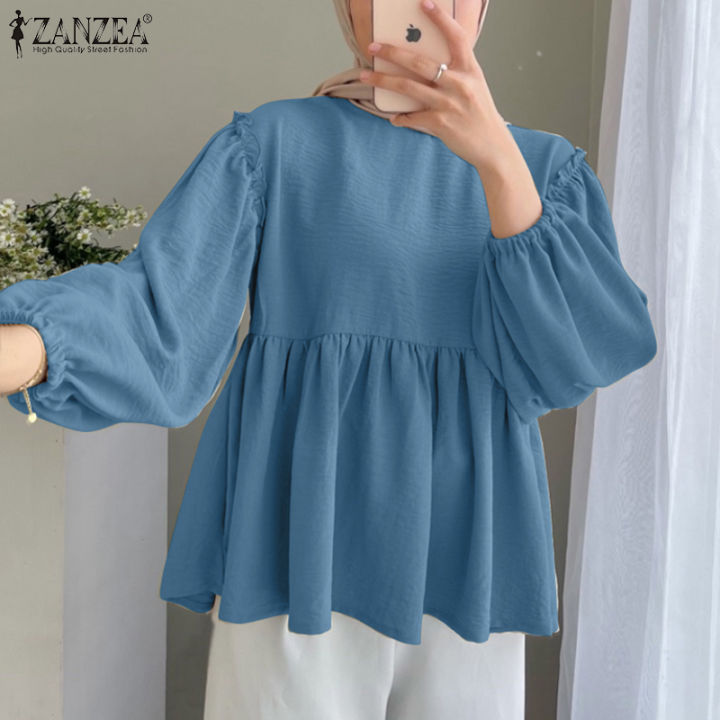 สินค้ามาใหม่-จัดส่งฟรี-fancystyle-zanzea-เสื้อมุสลิมแขนโคมไฟวันหยุดแบบสวมหัว-เสื้อเสื้อเป็นชั้นๆสีพื้น