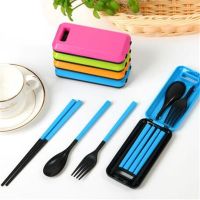 3 In 1Portable Wheat Straw Fork Cutlery Set Foldable Folding Chopsticks Cutlery Set with Box Picnic Camping Travel Tableware Set Flatware Sets