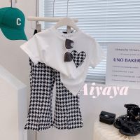 ☫ Aiyaya ชุดเสื้อผ้าเด็กผู้หญิง ชุดเสื้อแขนสั้น Houndstooth กางเกงบาน ชุดเซต 2 ชิ้น (226)