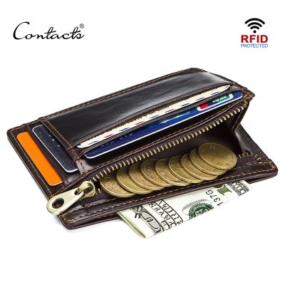 CONTACTS กระเป๋าสตางค์ หนังวัว RFID ใส่บัตร ใส่เหรียญ ขนาดเล็กและบาง สำหรับผู้ชาย