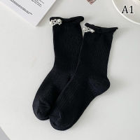 Antanciepp ถุงเท้าน่องมุก1คู่ถุงเท้าเด็กผู้หญิงสีดำสีขาว JK ถุงเท้ายาวปานกลางลายลูกไม้ถุงเท้าขนแกะสามมิติสำหรับเจ้าหญิงโลลิต้าถุงน่องลายดอกไม้