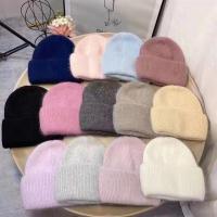 ฤดูหนาวจริงกระต่ายขน Angora ขนสัตว์แฟชั่นกะโหลก Beanies หมวกผู้หญิงคริลิค Bonnet พับหนายืดหมวกอบอุ่น