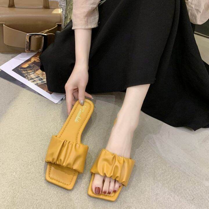 ผู้หญิงเกาหลีฤดูร้อนใหม่สไตล์เกาหลีใส่พับเย็นลากหัวสี่เหลี่ยมนางฟ้าลมรองเท้าแตะ-sf8341