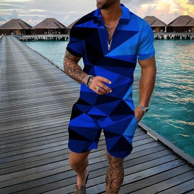 Cross-border foreign trade fashion chain mesh suit printing slim trendy mens summer two-piece