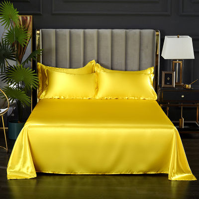 Hot Fitted Rayon ผ้าปูที่นอนคุณภาพสูงสีทึบซาตินแบนเดี่ยวและเตียงคู่ (รวมปลอกหมอน)