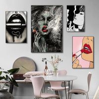 Nordic Woman Smoking Poster Red Lip Sexy Liquid Picture Print Canvas Painting Wall Art Mural Home Room Decor Aesthetic Frameless