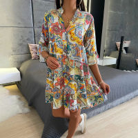 Bohemian พิมพ์ Mini Party Dress ผู้หญิง2023ฤดูใบไม้ร่วง Vintage V คอ Flare แขนปุ่มหลวม Casual Beach เสื้อ Robe Femme