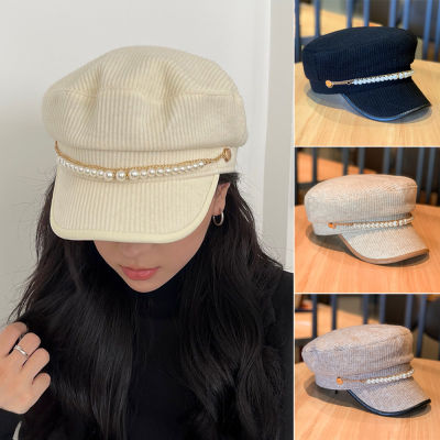 Beret Caps Navy Hat Basic Cap Women Warm Cap Sun Protection Flat Top Hat Pearl Chain Octagonal Hats