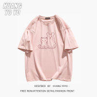 HUANGYOYO เสื้อยืดแขนสั้น100% แมวลายกราฟฟิตีน่ารักสำหรับผู้หญิงผ้าฝ้ายคอกลม