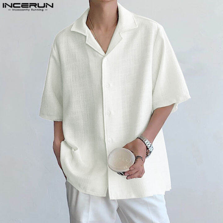 incerun-เสื้อผู้ชายแขนสั้นมีกระดุมแบบเรียบ-เสื้อคอปกลำลอง-สไตล์เกาหลี