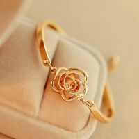 Women Gold Flower Rose Bangle Cuff Chain celet Chic Present Jewellery