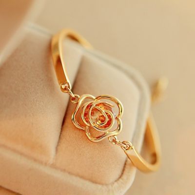 Women Gold Flower Rose Bangle Cuff Chain celet Chic Present Jewellery