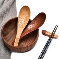 Wooden Rice Spoon Japanese Style Short Handle Hand Carved Heat-Resistant Wooden Spoon Small Fish-shaped Kitchen Tools Cooking Utensils