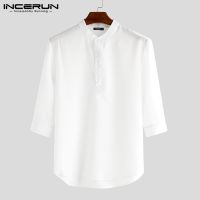 ✘ INCERUN เสื้อเชิ้ตลำลองสำหรับผู้ชายแขนสั้นคอวีสีพื้น