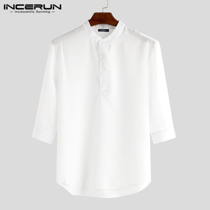 incerun-เสื้อเชิ้ตลำลองสำหรับผู้ชายแขนสั้นคอวีสีพื้น