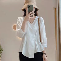 Women Shirt Fashion Casual 3/4 Sleeve Blouse Korean Style Simple V Neck Tops New