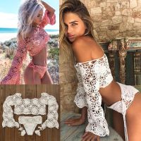 ❀♞ Hand Crochet Bikini Set Women boho Sexy cover up swimming trunks beach Swimwear festival clothing