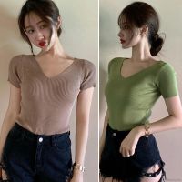 Women V Neck Solid Short Sleeve Knitted T-Shirt