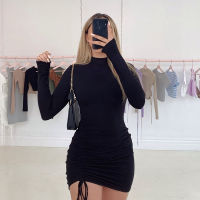 Sexy Ruched Drawstring Bodycon Mini Dress Women Clothes Autumn Long Sleeve Draped Tight Dresses Womans Party Dress Robe Solid